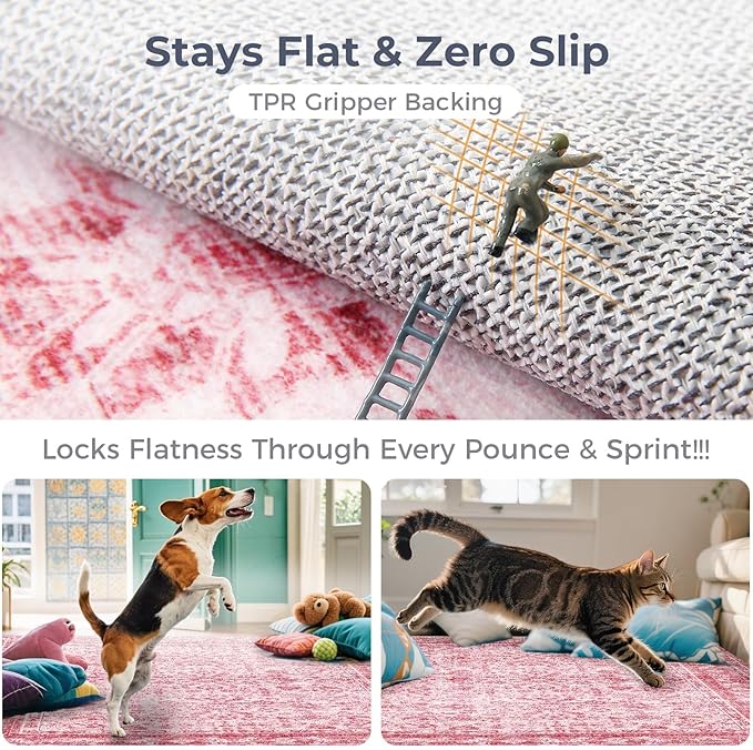 OPPODREAM Vintage Pink 2x6 Runner Rug, 2 x 6 Retro Washable Rug Non Slip, Low-Pile Faux Wool Carpet, Distressed Floor Mat for Kitchen, Hallway, Entry-Way, Entrance, Indoor Back Door