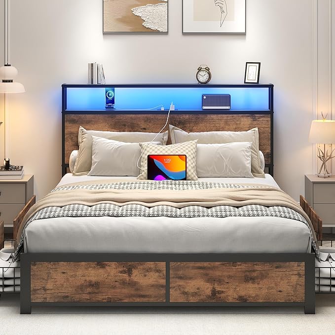 Lifezone Full Bed Frame with 2-Tier Storage Headboard, Metal Platform Bed Frame with 4 Storage Drawers, Built in Charging Station & LED, Noise-Free/Metal Support/No Box Spring Needed, Vintage Brown