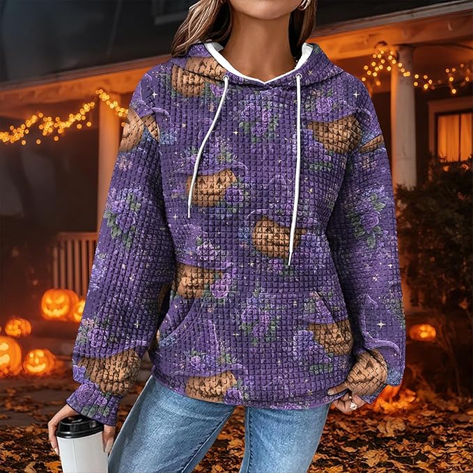 Halloween Sweatshirts for Women Novelty Graphic Drawstring Waffle Hoodies Loose Casual Pullover Tops with Pocket