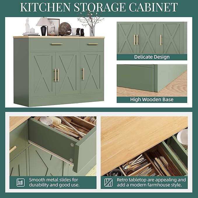 Shintenchi Modern Farmhouse Sideboard Buffet Cabinet with Storage with 3 Doors,42" Barn Doors Buffet Cabinet with Storage, Wood Coffee Bar Cabinets with Adjustable Shelf for Kitchen Living Room,Green