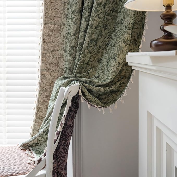 ENJOYBRIDAL Green Leaf 63 Inch Curtains 2 Panel Set Farmhouse Short Drapes Semi Sheer Rod Pocket Bedroom Rustic Window Curtain Panels Living Room Boho Aesthetic Country Tassel Window Treatments
