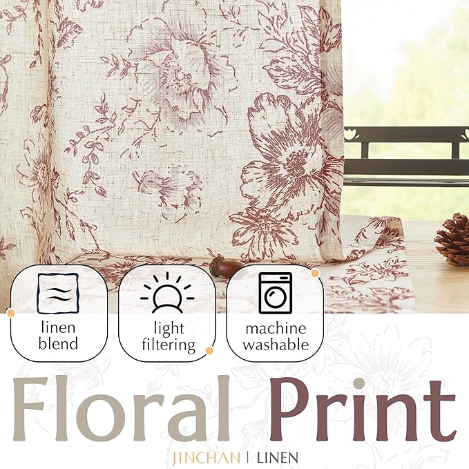 jinchan Linen Blend Curtain Floral Curtains for Living Room 96 Inch Length Christmas Brick Red Printed Curtain Rod Pocket Back Tab Farmhouse Peony Flower Patterned Drapes Curtains Set 2 Panels