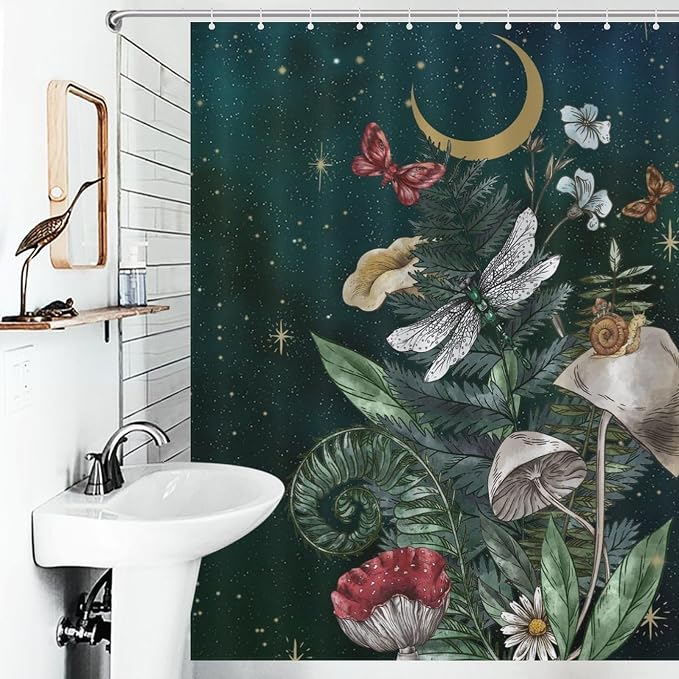 Mushroom Shower Curtain for Bathroom, Fairy Botanical Mushroom Cottagecore Gothic Moth Moon Star Nature Plants Herbs Retro Vintage VWaterproof Fabric Shower Curtain Set with Hooks, 72"x72" Inch