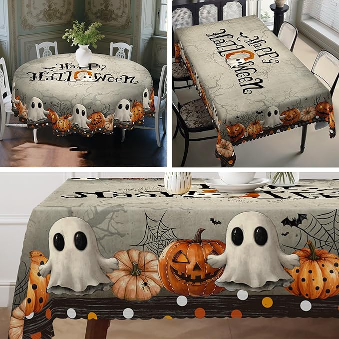 Eikione Round Tablecloth 60inch, Happy Halloween Tablecloth Waterproof and Wrinkle-Free, Table Covers, Summer Decorations for Home Dining