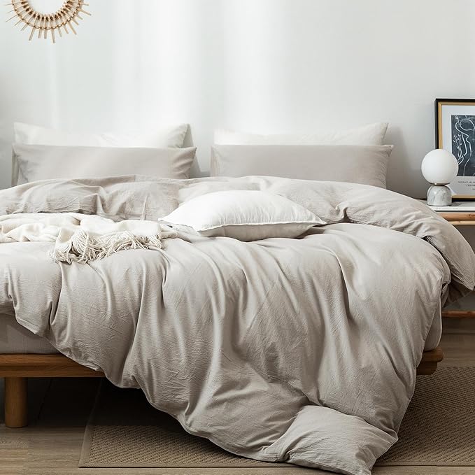 MooMee Bedding Duvet Cover Set 100% Washed Cotton Linen Like Textured Breathable Durable Soft Comfy (Heathered Cream Grey, Queen 90"x90")