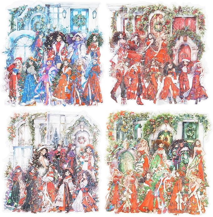 AuriicLeaf Christmas Party PET Stickers, 60 Holographic Character and Door Designs for Scrapbooking, Journaling, DIY Crafts, and Holiday Decor