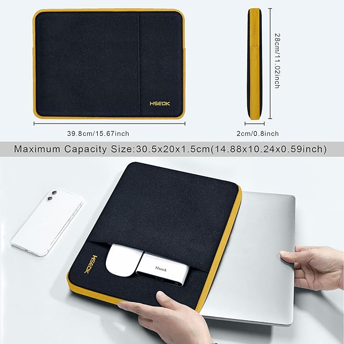 Hseok Laptop Case 15.6 Inch Sleeve, Shockproof Protective Water Repellent with Accessory Pocket,Compatible with Mac Pro 16 inch 2025-2019, Sleeve Bag for Most 15 15.6 16 Notebooks,Black&Yellow