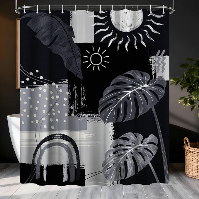 Extra Long Shower Curtain Extra Tall Black and Gray XL Black and Grey Abstract Shower Curtains for Large Bathroom Decor Sets, Waterproof Cloth Fabric with Hooks, 108x72 Inch