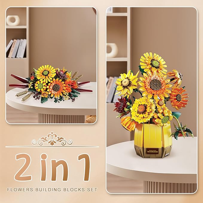 2 in 1 Sunflower Building Blocks Set with Vase, Botanical Collection Artificial Flowers Compatible with Lego for Adults, Gift for Christmas Home Décor Flower Table Centerpiece