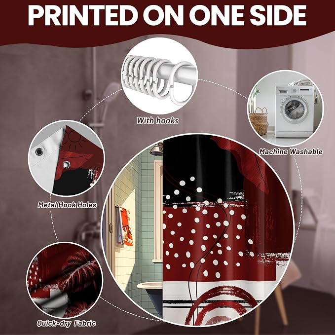 Small Stall Narrow Shower Curtain Black and Red Stand Up Burgundy Abstract Monstera Shower Curtains for Rv Camper Bathroom Decor Sets, Waterproof Cloth Fabric with Hooks, 36 x 72 Inch