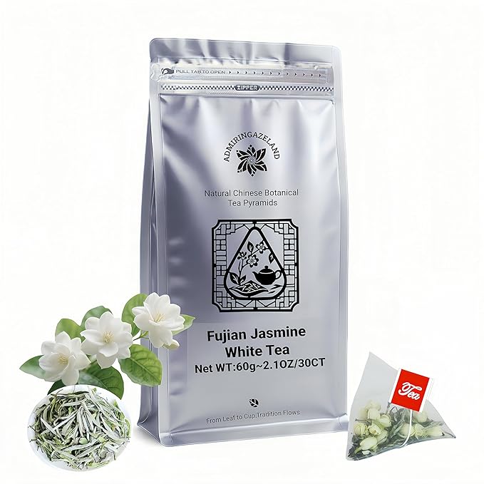 ADMIRINGAZELAND Jasmine White Tea Bags - 30 Count Fujian White Peony Leaf & Real Jasmine Flowers Blend with Pyramid Bags, Morning & Afternoon Chinese Tea Gift for Women & Men, 2.1oz