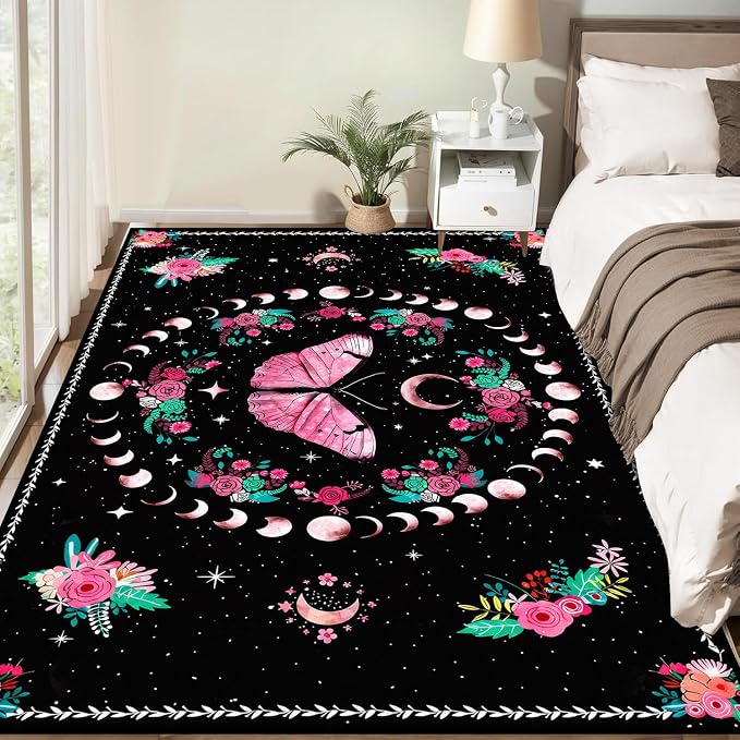 Pink Butterfly Area Rug 6'x9' Moon Phase Floral Rugs for Bedroom Living Room Kitchen Nursery Playroom Home Decor Boho Gothic Butterfly Carpet Non-Slip Washable Floor Mat