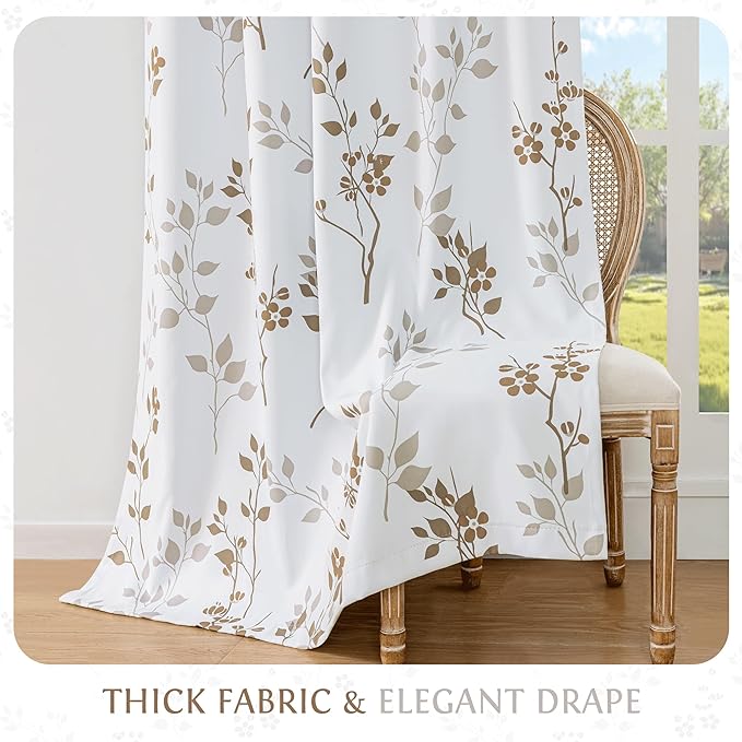 Beauoop Floral 100% Blackout Curtains 108 Inches Long 2 Panels for Bedroom Living Room Tan Brown and White Flower Patterned Room Darkening Thermal Soundproof Grommet Window Treatments Drapes, 52X108