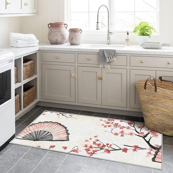 Japanese Cherry Blossom Runner Rug 2x7, Oriental Fan Design, Asian Area Rug Washable Hallway Rugs Non-Slip Floor Carpet Runner for Bedroom, Narrow Hallway, Kitchen Aisle