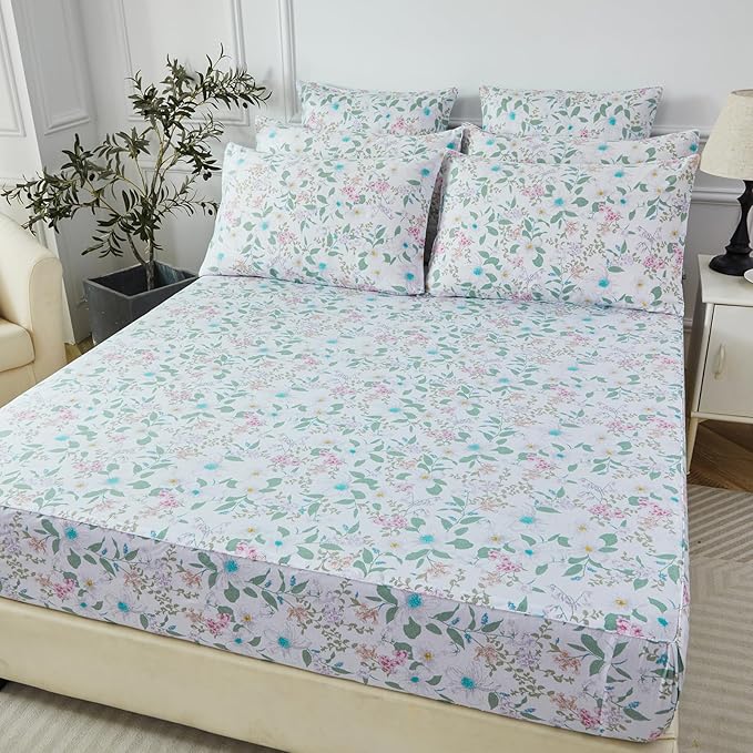 FADFAY Full Size Sheets Set 100% Cotton Vintage Floral Shabby Flowers & Leaves Pattern Farmhouse Bedding Set Deep Pocket Sheets with 2 Pillowcases Breathable Soft 4Pcs, Full