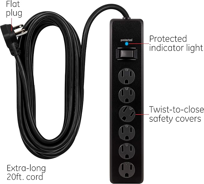 GE 6-Outlet Surge Protector, 20 Ft Extension Cord, Power Strip, 800 Joules, Flat Plug, Twist-to-Close Safety Covers, Protected Indicator Light, UL Listed, Black, 50769