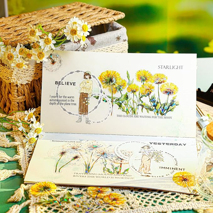 AuriicLeaf Dandelion Floral PET Stickers Set, 60PCS Holographic Botanical Flower Stickers for Scrapbooking, Journaling, DIY Crafts, and Art Supplies