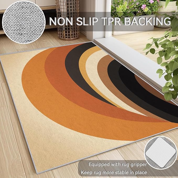 Mid Century Modern Area Rug 4x7, Washable Non-Slip Low Pile Retro Rainbow Rug for Living Room Bedroom Home Office, Abstract Boho Carpet in Terracotta Camel Cream and Black