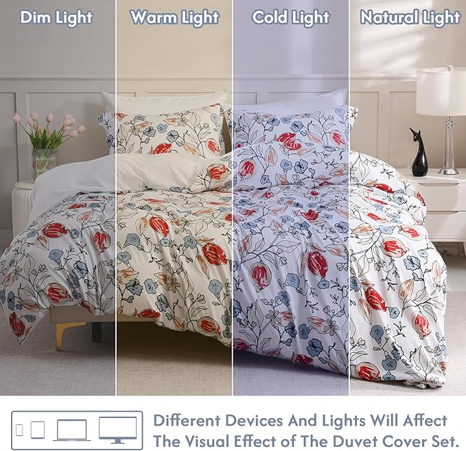 LONAVA Queen Flower 3 Pcs Duvet Cover Set, Breathable Soft Microfiber White Lining Comforter Cover with Zipper Closure, and 2 Anti-Pilling, Fade Resistant Pillowcases, Red Bud
