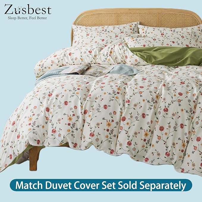 Zusbest King Size Sheets 100% Percale Cotton Off White Floral Bed Sheet Set, Brushed for Extra Softness, Breathable Luxury Flannel Sheets Like Pink Flower Print Deep Pocket Bed Set 17.5'' 4 Pcs
