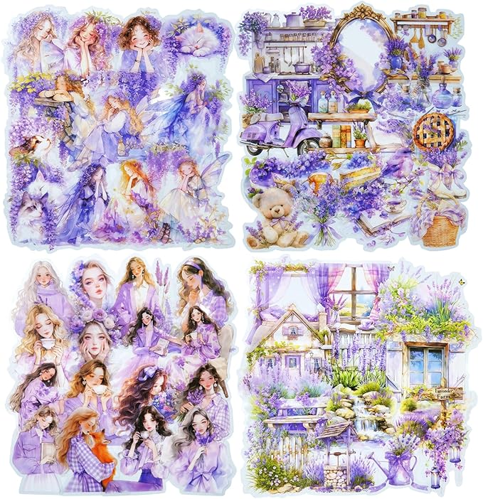 AuriicLeaf Violet Garden PET Sticker Set, 80PCS Fairy-Themed Scrapbook Supplies Journal Stickers in Purple for DIY Crafts, Planners, and Collages