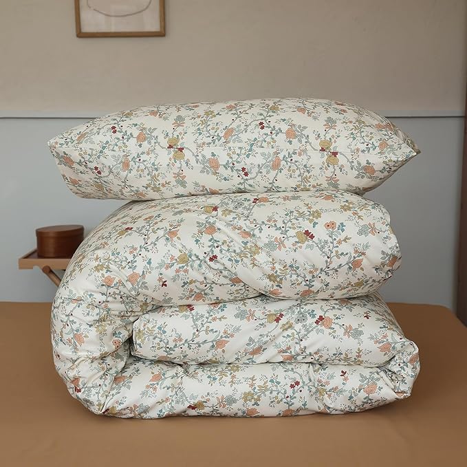 EAVD Vintage Style Floral Duvet Cover Twin Soft Cotton Chic Shabby Garden Floral Bedding Set with 2 Pillowcases Fresh Reversible Botanical Comforter Cover with Zipper Closure