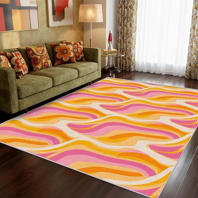 70s Retro Rug 6x8 Colorful Zebra Striped Groovy Pattern Area Rugs for Living Room, Bedroom, 70s Retro Home Decor Accessories Indoor Carpet, Non Slip & Machine Washable, GD0348