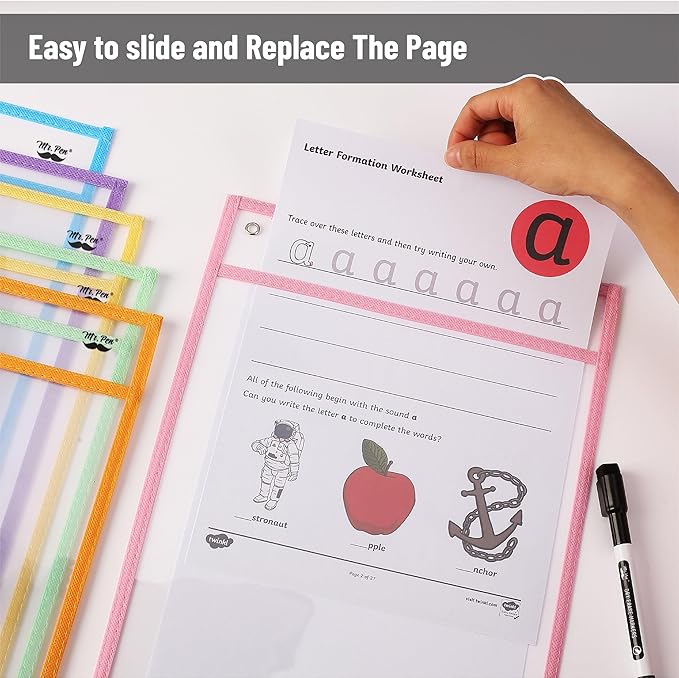 Mr. Pen- Dry Erase Pocket Sleeves, 10 x 14 Inch, 6 Pack, Pastel Colors, Reusable Plastic Sleeves for Classroom, Clear