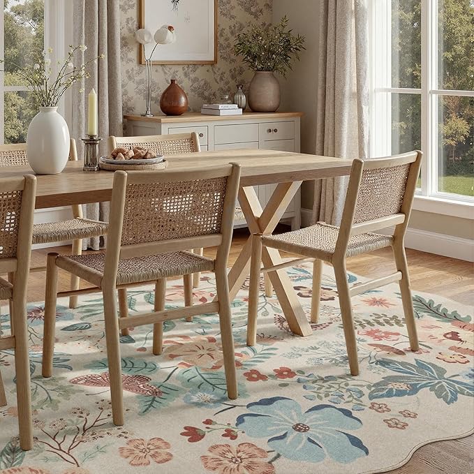 DCX Beige Floral Rug 5x7, Washable Beige Rug for Living Room, Kid & Pet Friendly with Rubber Back Non Slip, Soft Low Pile Carpet, Stain Resistant Rug for Bedroom, Nursery, Dining Room