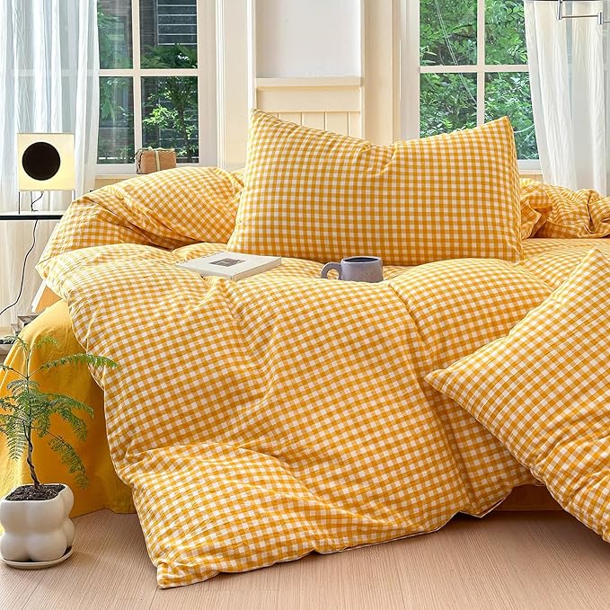 LifeTB Yellow Gingham Comforter King Comforter Set Geometric Checkered Plaid Bedding Comforter with 2 Pillowcases Fluffy Soft Lightweight Bedding Boho Grid Plaid Comforter Set King for All Seasons