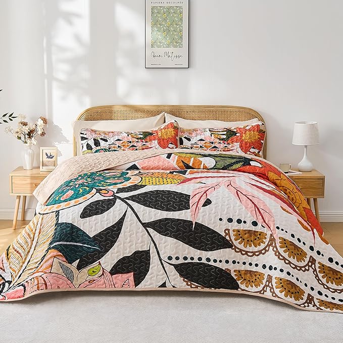 Quilt Set King Size, Boho Floral 3 Pcs Soft Bed Cover Bedding Set, Mid Century Flowers Lightweight Bedspread Coverlet with 2 Pillow Sham for All Season