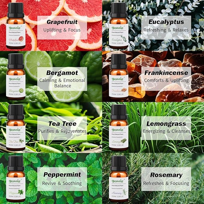 Dohale Essential Oils Set Acacia Wood Gift Box - Uplift, Energize, Refresh, Top 8 Aromatherapy Oils for Diffuser Hotel Scent Home Fragrance Candle Making Grapefruit, Peppermint & More 10ml