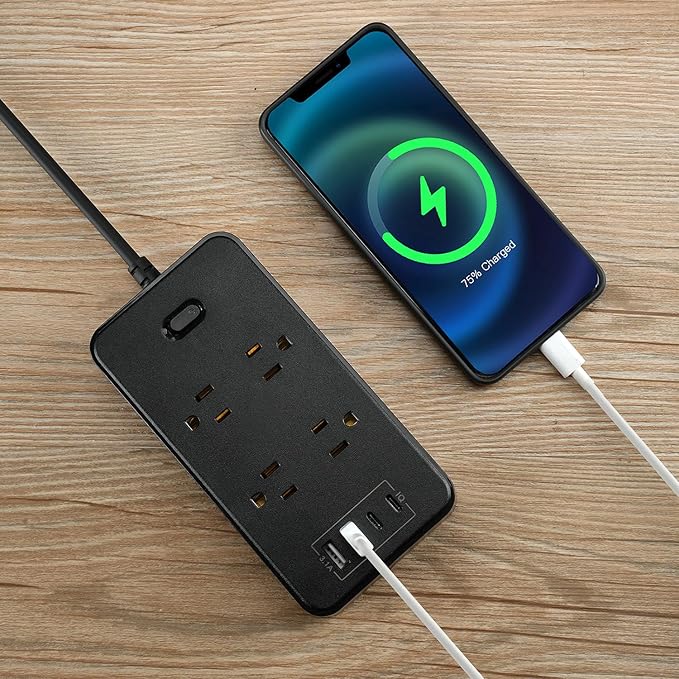 10FT Power Strip Extension Cord Surge Protector with 8 Outlets and 2 USB & 2 USB-C Port(5V 3.1A),Bold Extension Cord with Fuse Surge Protected Power Strip for Home Office (Black)