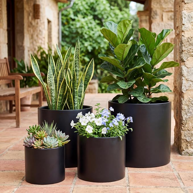 FaithLand 8 Inch Fiberstone Planter - Lightweight Modern Cylinder Plant Pot with Drainage Hole & Plug, Indoor Outdoor Use, Matte Black