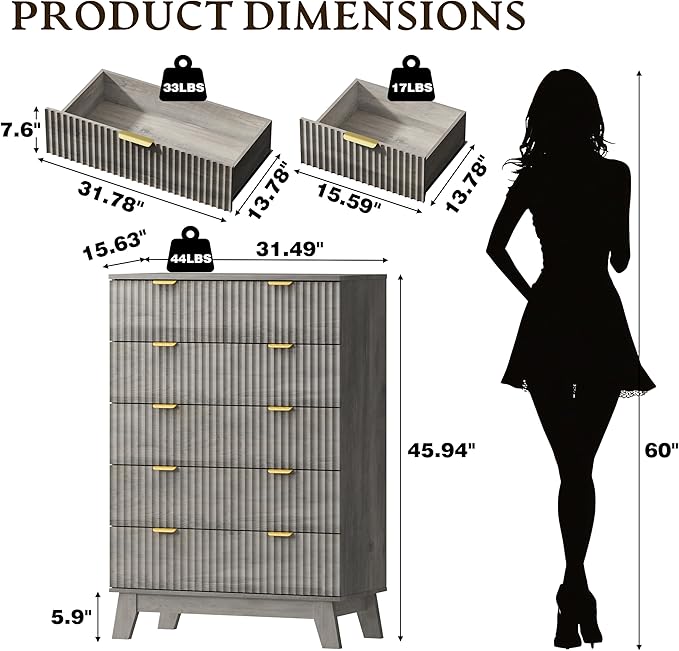 BORNOON 46" Tall Dresser for Bedroom, 6-Drawer Fluted Chest of Drawers, Modern Wood Highboy with Deep Storage, Metal Slides and Handles, Anti-Tip Kit, Vertical Clothes Organizer for Apartment, Nursery