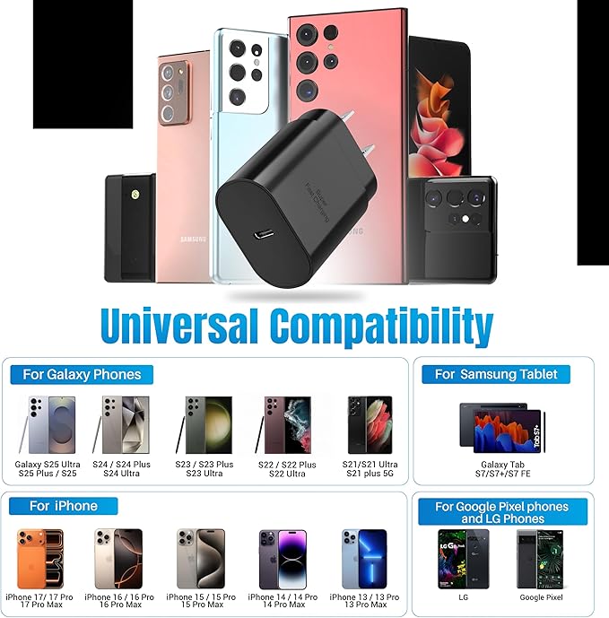 USB C Block 30W PD Super Fast Charging Block Type C Plug Wall Adapter Quick Charger for iPhone 17/17 Air/17 Pro/17 Pro Max/16/15/14/13/12/11/iPad/Mini/AirPod/Galaxy S25/S24/S23/S22 (Black 2Pack)