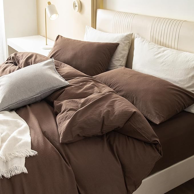 JIYUAN 100% Washed Cotton Duvet Cover Set 3 PCS Oversized King Plus, 1 Duvet Cover 128"x120"(Comforter Not Included) and 2 Pillowcases,Linen Feel Bedding Set Comfy and Breathable,Chocolate Brown