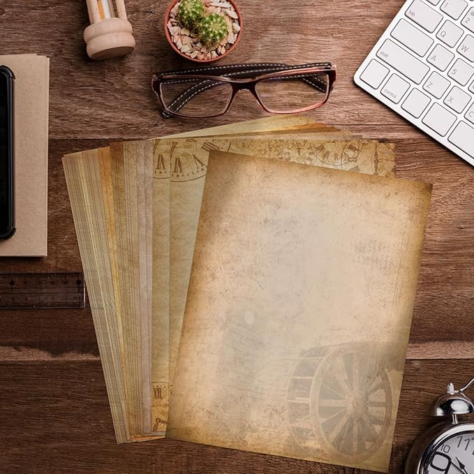 Tlenpo 128PCS Vintage Paper 8.5 x 11 in Double-sided Aged Paper for Writing Letter writing Paper, Decorative Printer Paper for Invitation, Resume, Diploma, Art, Certificate Antique, 8 Designs