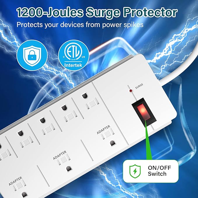 Elecan Surge Protector Power Strip with 8 Ft Extension Cord, 8 Widely Spaced Outlets with Safety Cover, 45 Degree Flat Plug Wall Mountable Multi Outlet Extender, Heavy Duty 14AWG, 1200J/125V,ETL-White