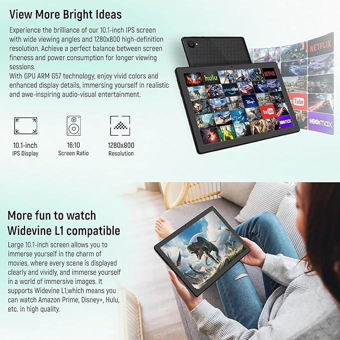 MUISOO Tablet 10 Inch, Android 14 Tablet PC, 8GB RAM+64GB ROM (1TB TF), Octa-Core 2.0 GHz, Bluetooth 5.0, WiFi 6, Widevine L1, 5MP+8MP, 5000mAh,Type-C (Black, 10)