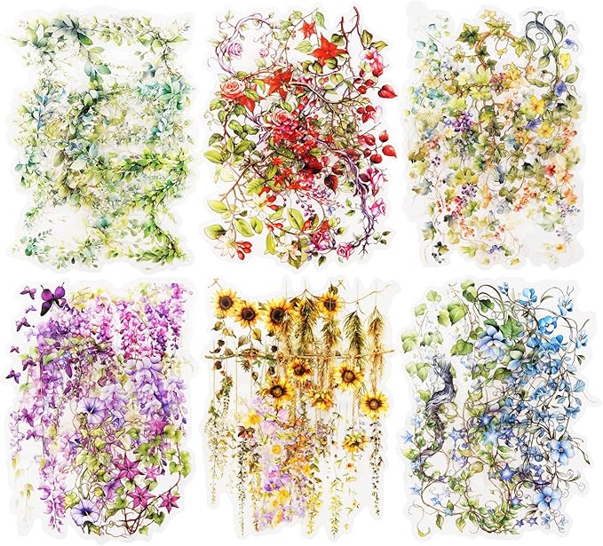 AuriicLeaf Floral Vine PET Stickers, 120 Pcs Large Botanical Ephemera for Scrapbooking, Journaling, DIY Crafting, and Art Supplies