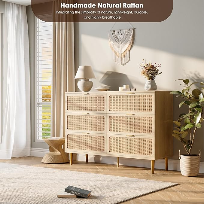 Garvee Rattan Dresser with 6 Drawers, Tall Modern Closet with Deep Storage, Large Chest of Drawers with Wide Top, Long Wooden Dresser for Bedroom, Living Room, Hallway, Kids Room, Natural