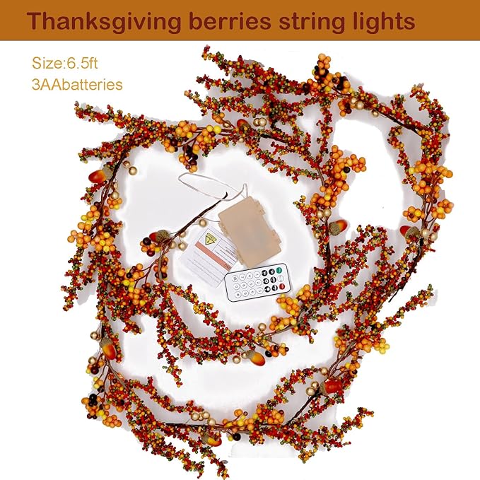 Fall Garland with Lights 6.5FT Battery Operated Halloween Lights with Remote Control - 25 LEDs Warm Orange Fall Fairy Lights for Thanksgiving Halloween Mantle Table Fall Decorations