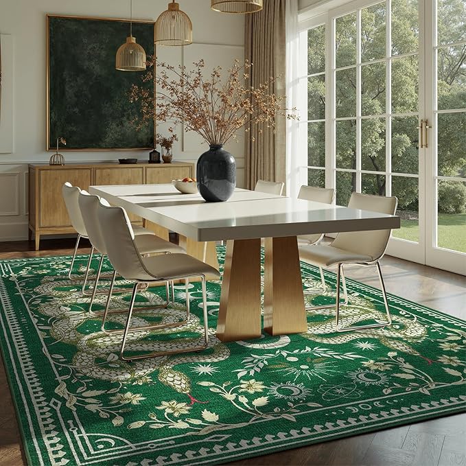 DCX Washable 5x7 Snake Rug, Green Gothic Rug for Living Room, Soft Low Pile Carpet, Kid & Pet Friendly with Rubber Back Non Slip, Stain Resistant Rug for Bedroom Dining Room Office