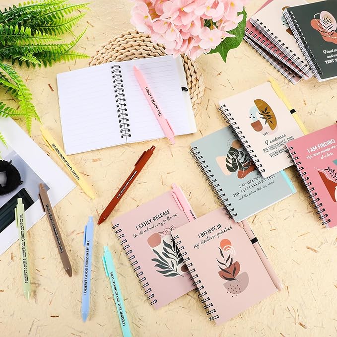 Kosiz 48 Pcs/24 Set Positive Affirmation Gifts Gratitude Spiral Notebooks with Pens Motivational Encouragement Notepads Daily Affirmations Journal for Women Valentine Galentine Gifts (Plant)