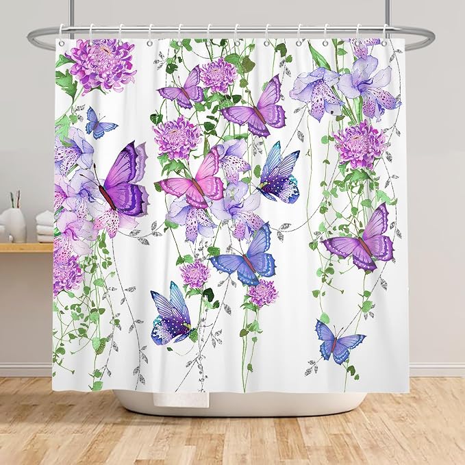 Violet Butterfly Floral Shower Curtain Spring Lavender Shower Curtain Lilac Pink Floral Bathroom Decor Waterproof Polyester Fabric with 12 Hooks,72x78 Inches