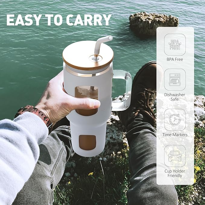 Glass Tumbler with Straw and Lid, 40 oz glass cup with handle, Glass Water Bottles with Time Marker, Silicone Protective Sleeve-White