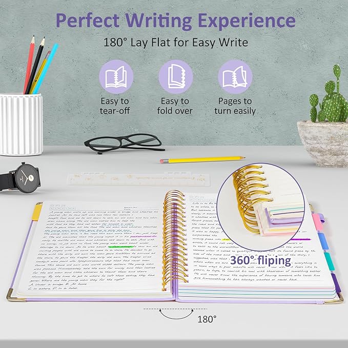 Hardcover Spiral Notebook Journal, 8"x10" Large B5 Notebooks with Removable Dividers Tabs, 300 Pages Leather 5 Subject Notebook College Ruled, Journal for Work School Note, 100 GSM Thick Paper,Purple.