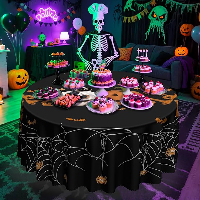 Eikione Round Halloween 70In Tablecloth, Spider Haunted House Decorative Table Cloth, Waterproof and Washable Fabric Table Cover for Party Kitchen Dining Room