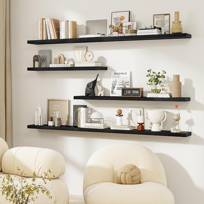 Dreamland 18" Floating Shelves, Rustic Wooden Black Wall Shelves for Bathroom|Bedroom|Kitchen, Deep Wall Mounted Book Shelf, Wood Storage Display Shelf for Home Decor, Set of 2